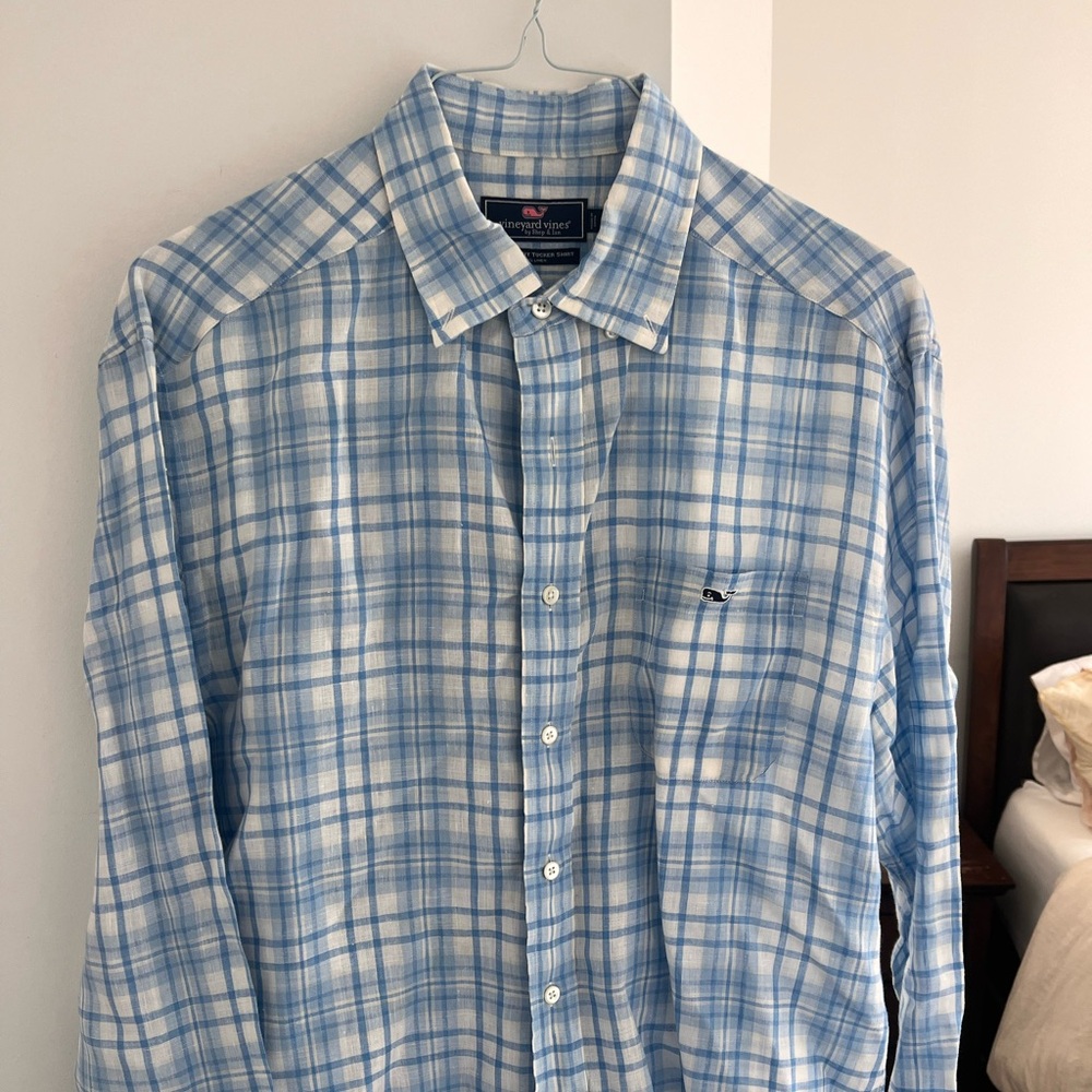 Vineyard Vines Classic Fit Tucker Shirt | 100% Linen | blue and white plaid new